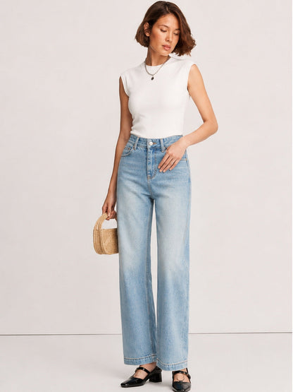 Jeans Anchos Costura Frontal de Algodón