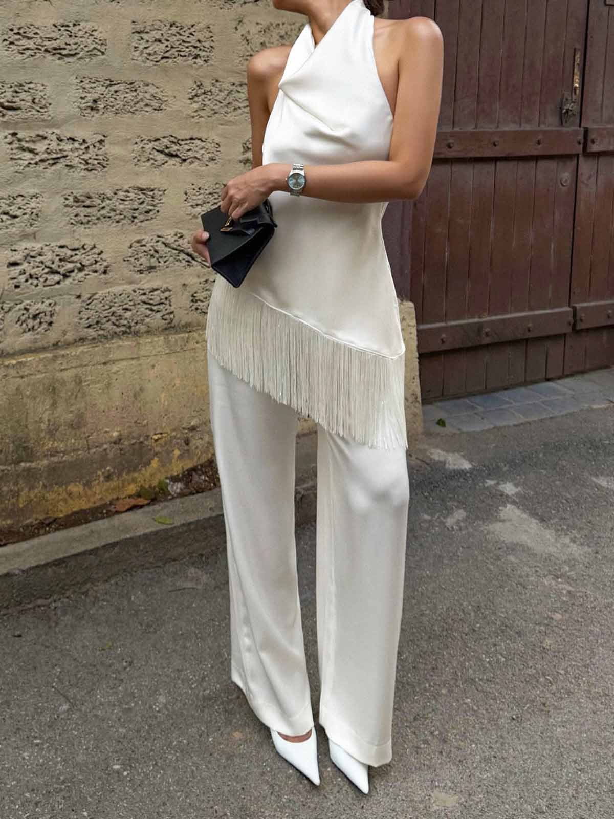 Conjunto Halter con Flecos y Pantalón Wide-Leg