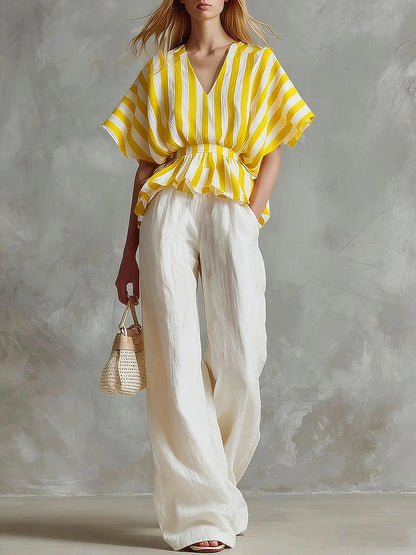 Conjunto Top Peplum a Rayas y Pantalón Wide-Leg