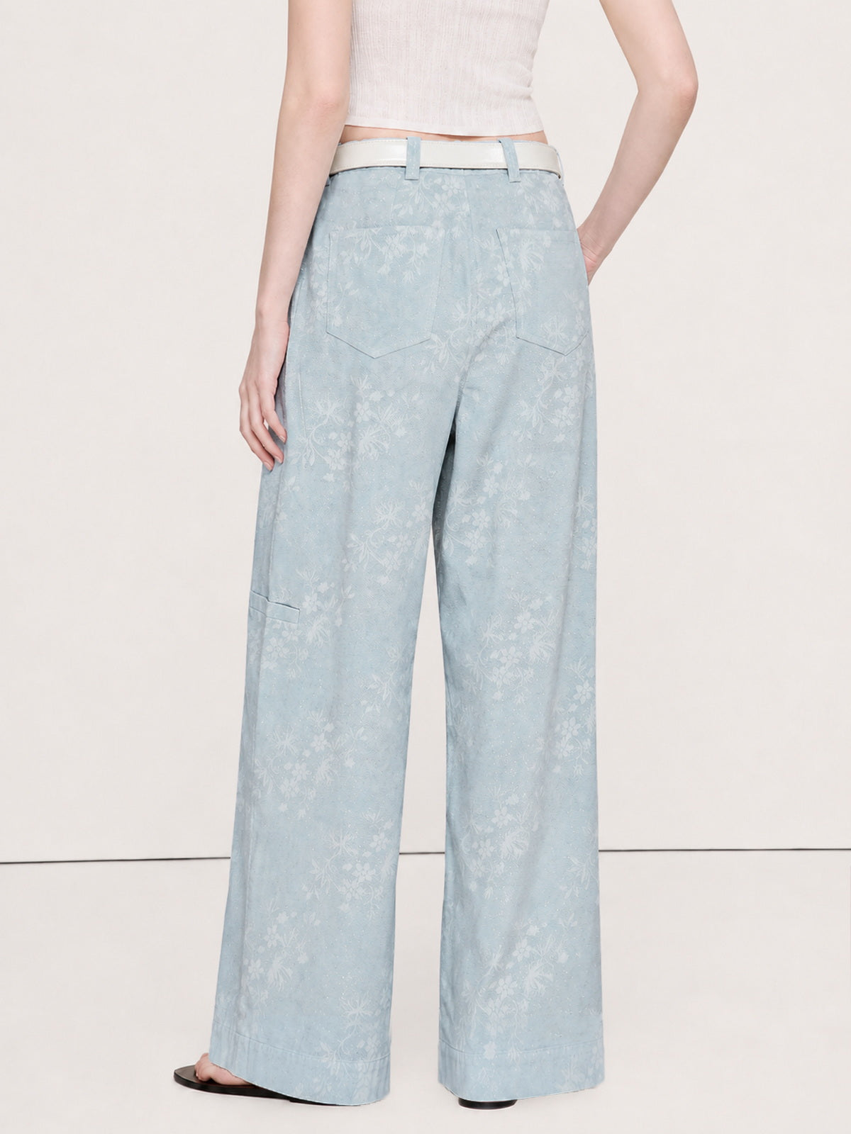 Pantalón Ancho Jacquard Floral con Cinturón