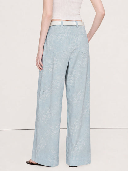 Pantalón Ancho Jacquard Floral con Cinturón