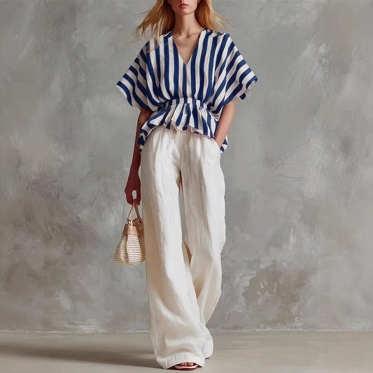 Conjunto Top Peplum a Rayas y Pantalón Wide-Leg