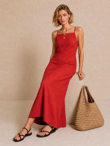 Vestido Maxi Rojo de Lino con Tirantes