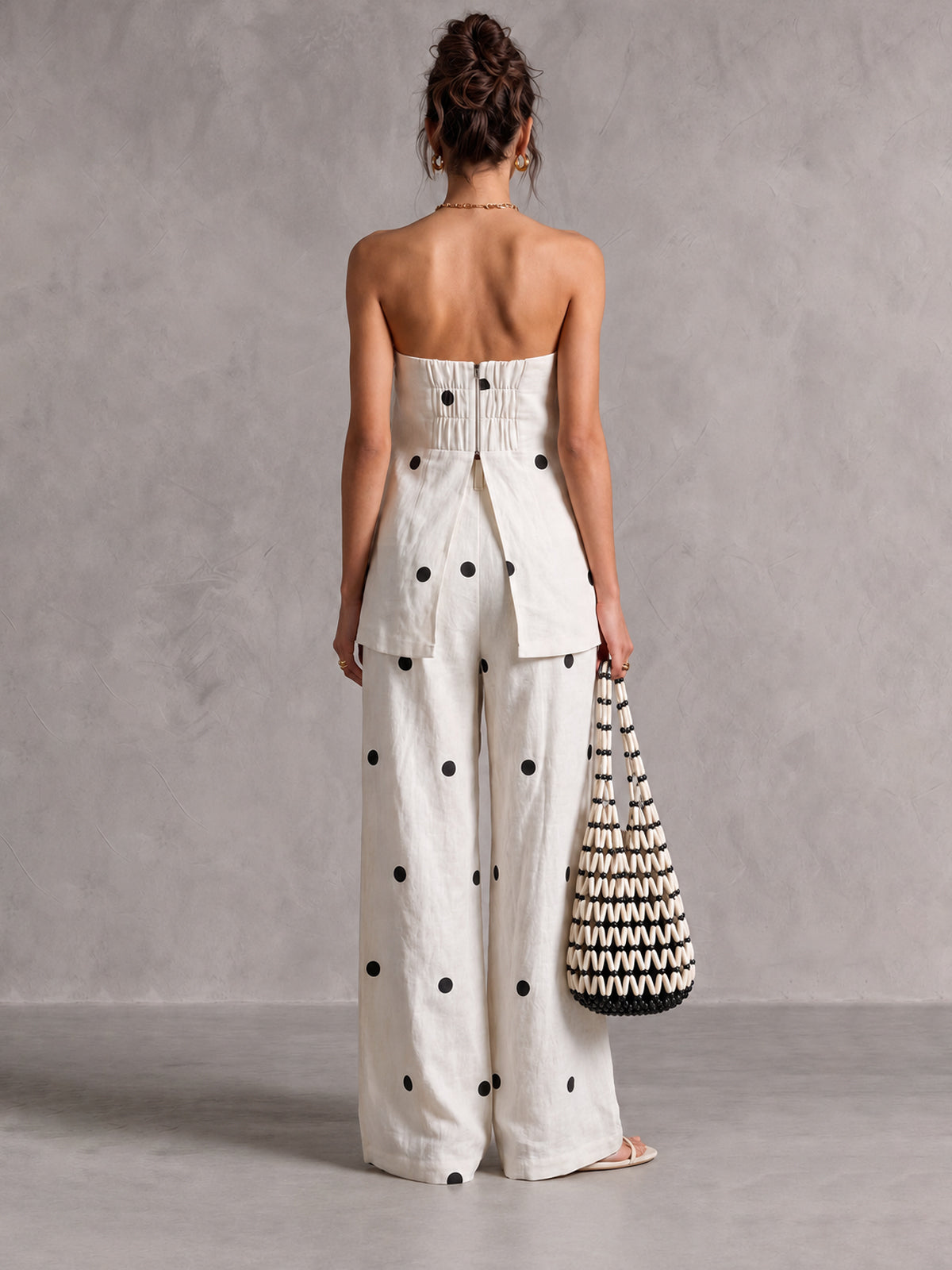 Conjunto Top de Lunares Sin Tirantes y Pantalón Wide-Leg