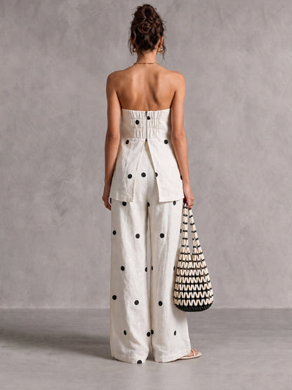 Conjunto Top de Lunares Sin Tirantes y Pantalón Wide-Leg