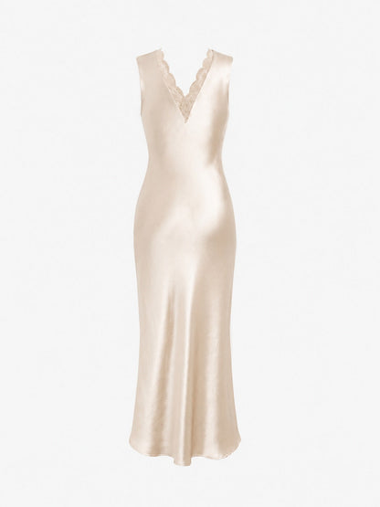 Vestido Maxi Satinado Cuello Festoneado