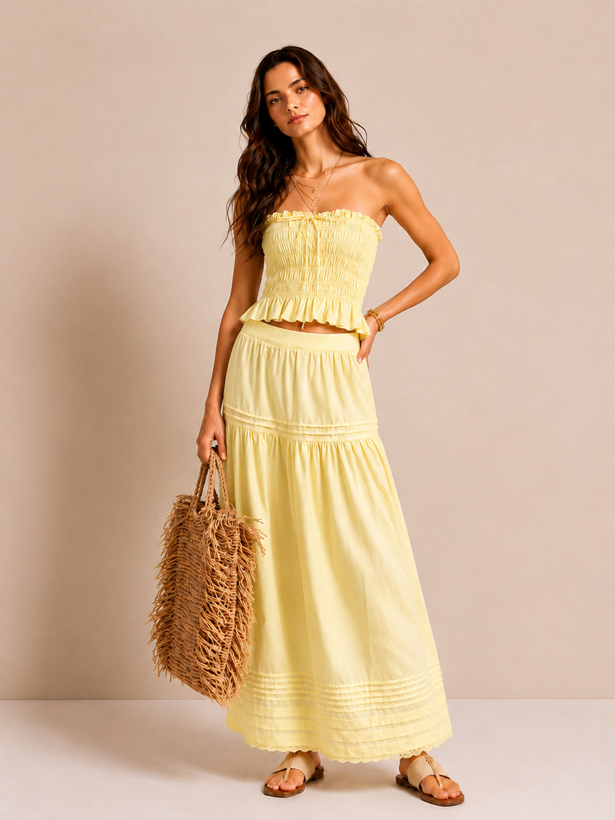 Vestido Maxi Fruncido Sin Tirantes