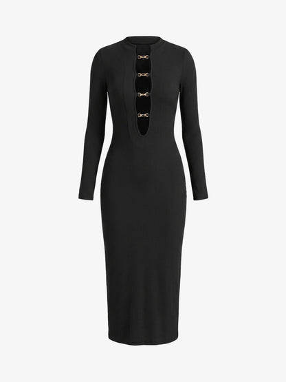 Vestido Midi Canalé con Detalle de Cadena