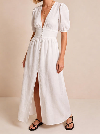 Vestido Midi Manga Abullonada Cuello en V