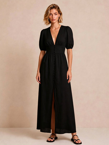 Vestido Midi Manga Abullonada Cuello en V
