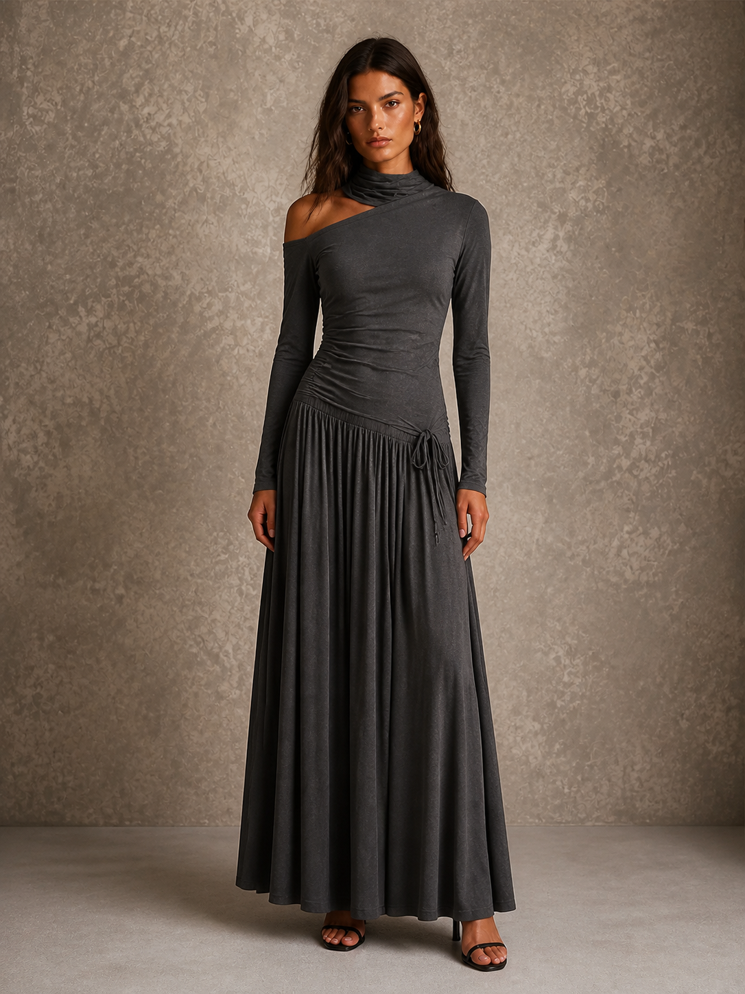 Vestido Maxi Drapeado de Un Hombro