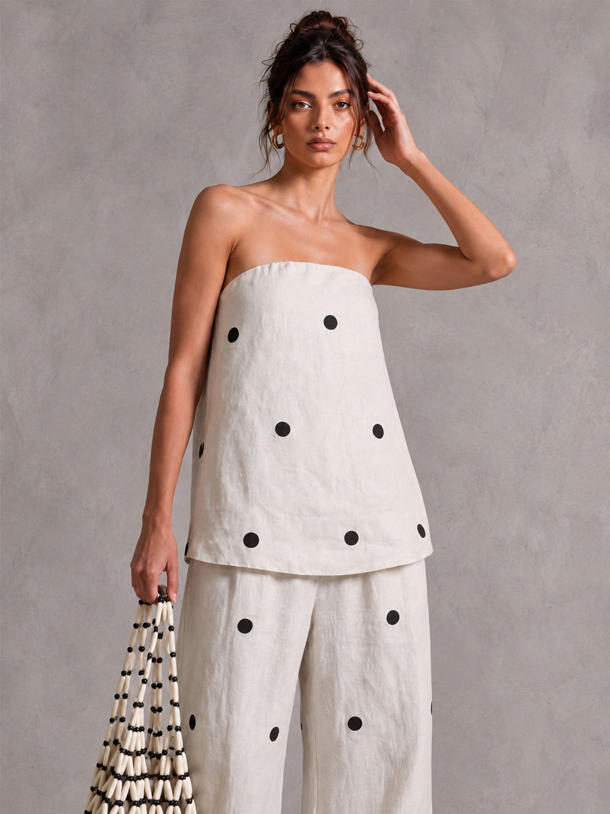 Conjunto Top de Lunares Sin Tirantes y Pantalón Wide-Leg