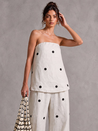 Conjunto Top de Lunares Sin Tirantes y Pantalón Wide-Leg