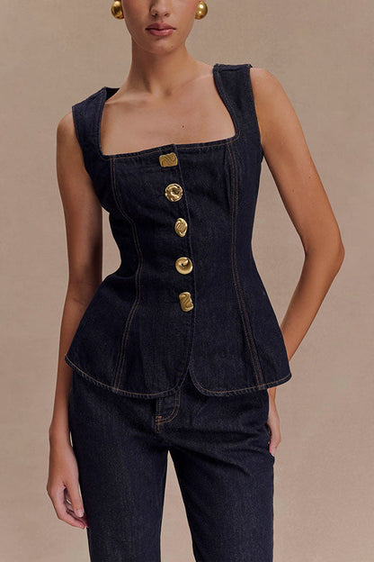 Conjunto Top Denim Peplum y Pantalón
