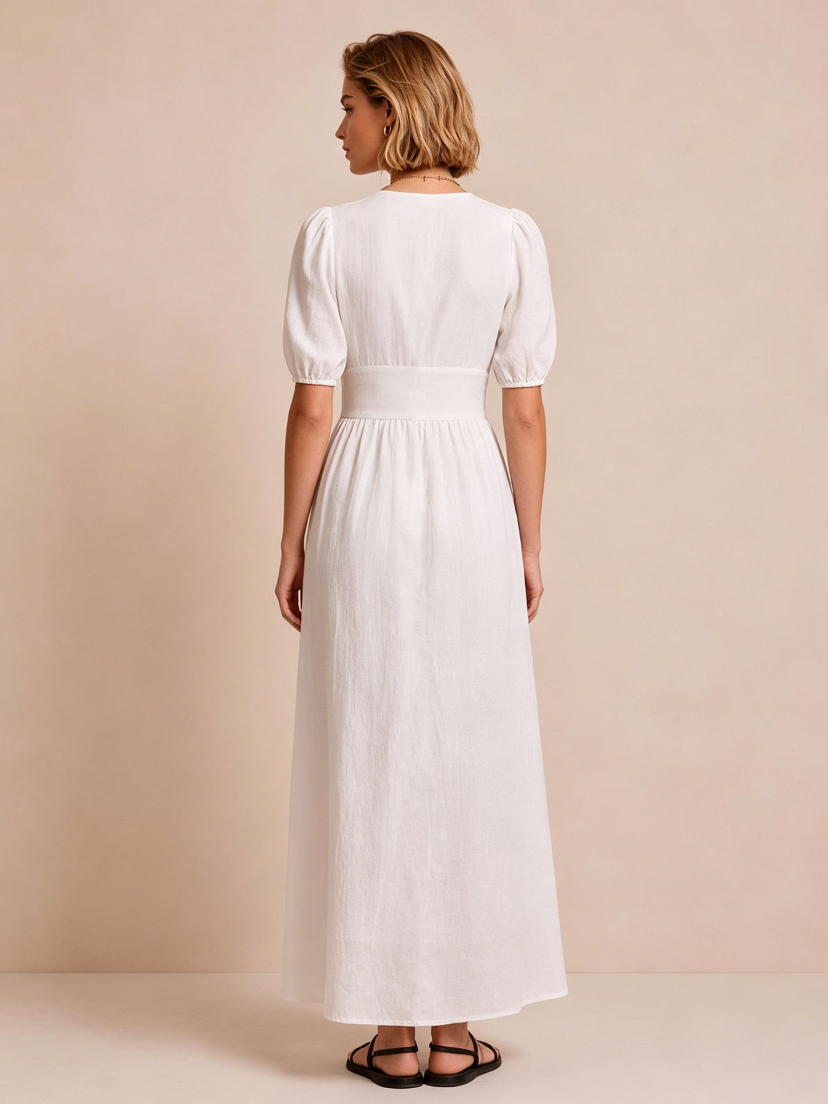 Vestido Midi Manga Abullonada Cuello en V