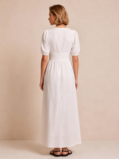 Vestido Midi Manga Abullonada Cuello en V