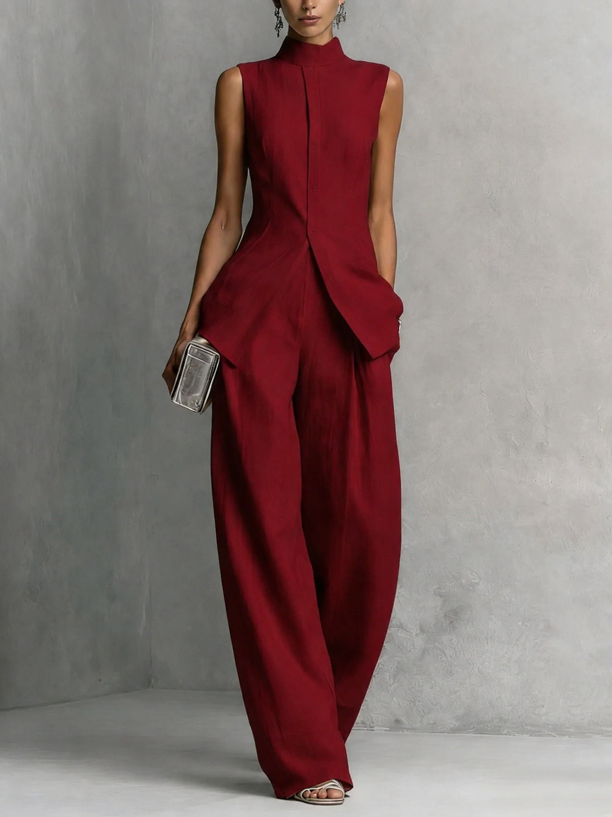 Conjunto Chaleco Cuello Alto de Lino y Pantalón Wide-Leg