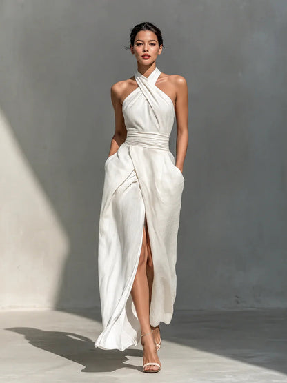 Vestido Maxi Halter Cruzado con Abertura