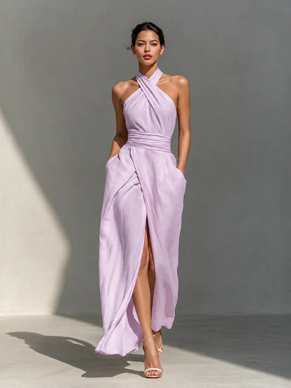 Vestido Maxi Halter Cruzado con Abertura