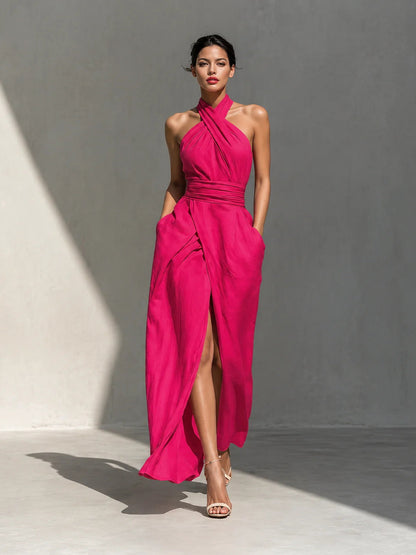 Vestido Maxi Halter Cruzado con Abertura