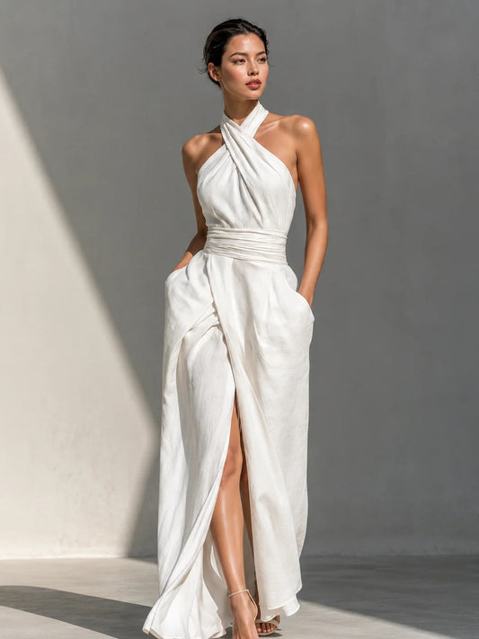 Vestido Maxi Halter Cruzado con Abertura