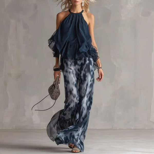 Conjunto Top de Gasa Halter y Pantalón Estampado