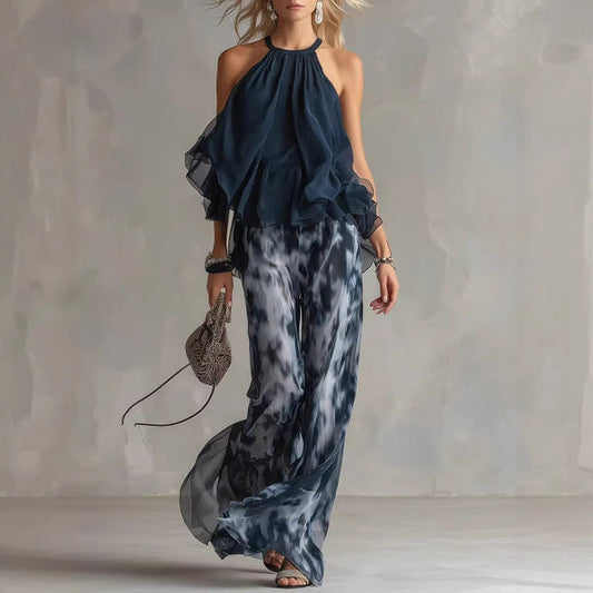 Conjunto Top de Gasa Halter y Pantalón Estampado