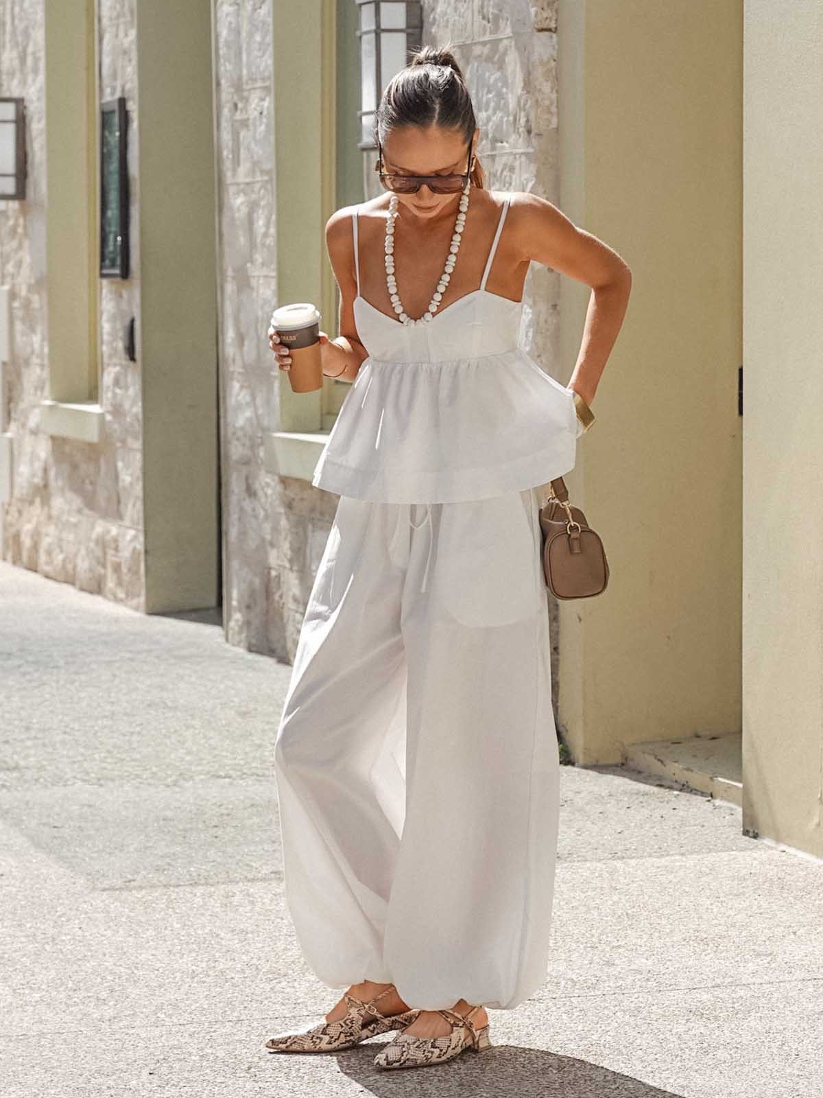 Conjunto Top Peplum con Tirantes y Pantalón Wide-Leg