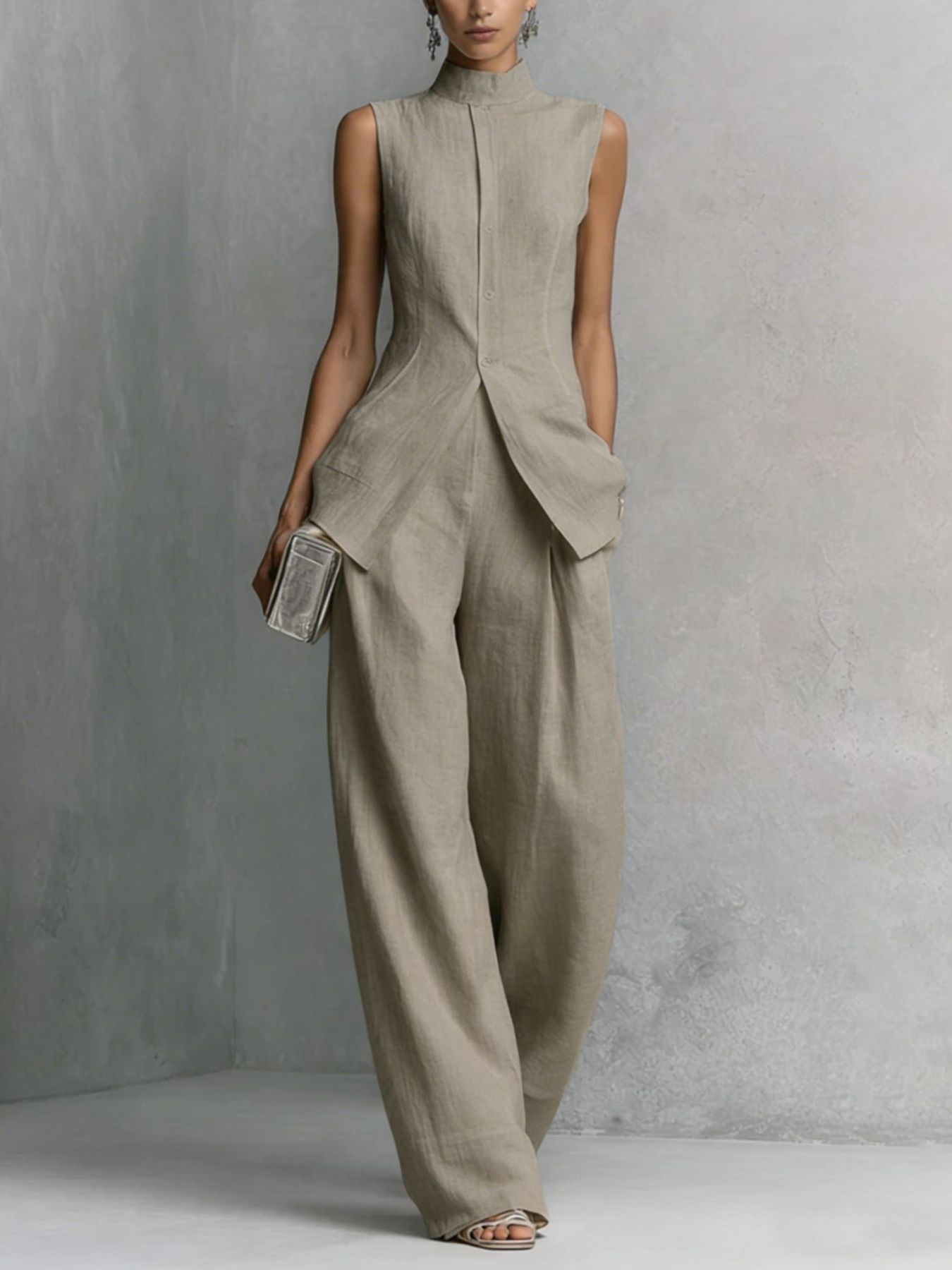 Conjunto Chaleco Cuello Alto de Lino y Pantalón Wide-Leg