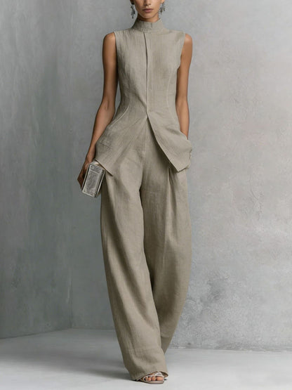 Conjunto Chaleco Cuello Alto de Lino y Pantalón Wide-Leg