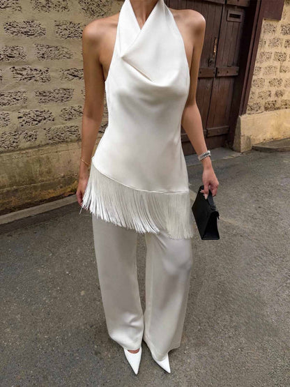 Conjunto Halter con Flecos y Pantalón Wide-Leg