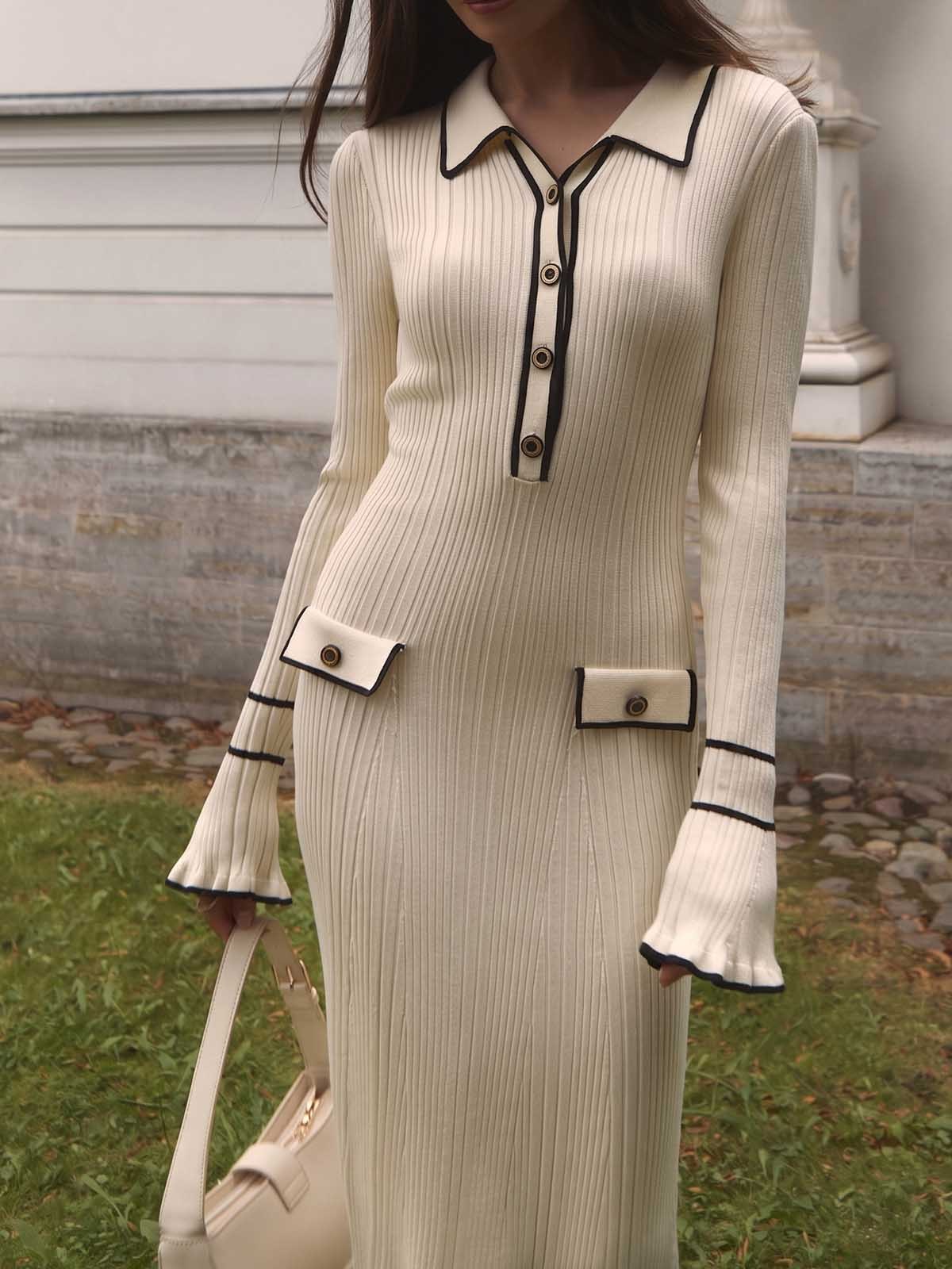 Vestido Midi de Punto con Cuello Volante