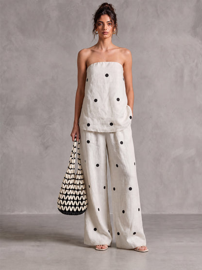 Conjunto Top de Lunares Sin Tirantes y Pantalón Wide-Leg