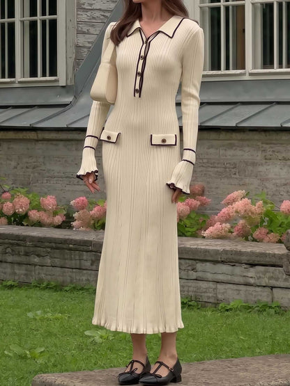 Vestido Midi de Punto con Cuello Volante