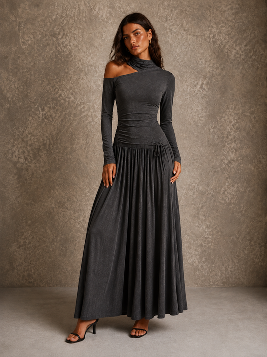 Vestido Maxi Drapeado de Un Hombro