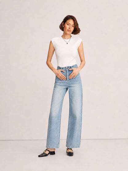 Jeans Anchos Costura Frontal de Algodón