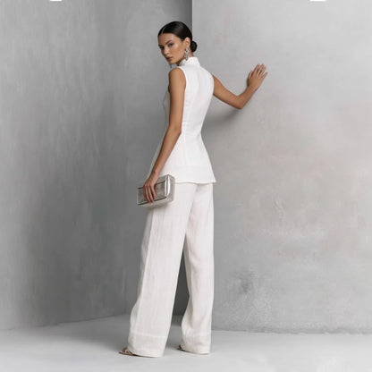 Conjunto Chaleco Cuello Alto de Lino y Pantalón Wide-Leg