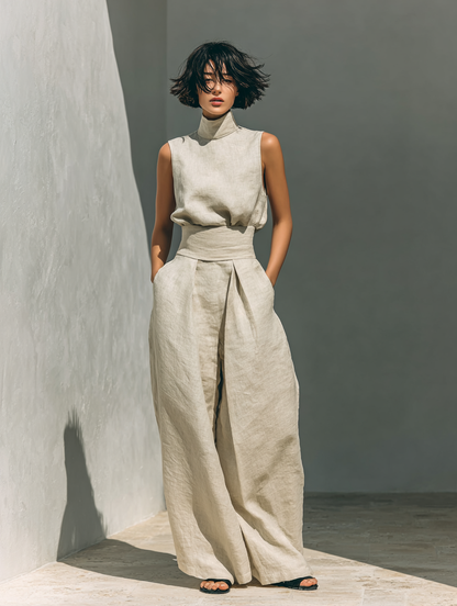 Conjunto Cuello Alto de Lino y Pantalón Wide-Leg