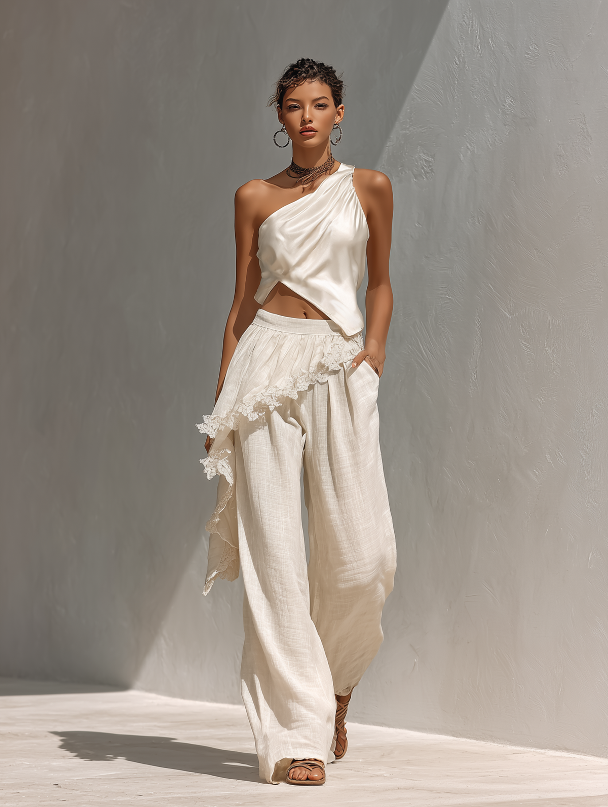 Conjunto Un Hombro con Puntilla y Pantalón Wide-Leg