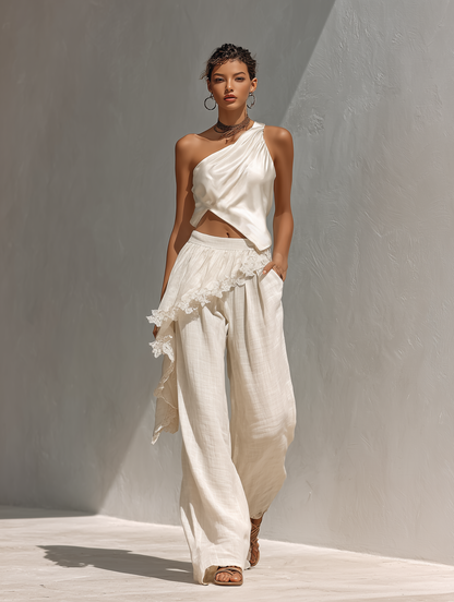 Conjunto Un Hombro con Puntilla y Pantalón Wide-Leg