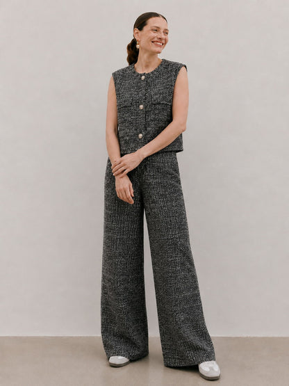 Conjunto Chaleco de Punto Texturizado y Pantalón Wide-Leg