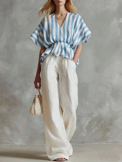 Conjunto Top Peplum a Rayas y Pantalón Wide-Leg