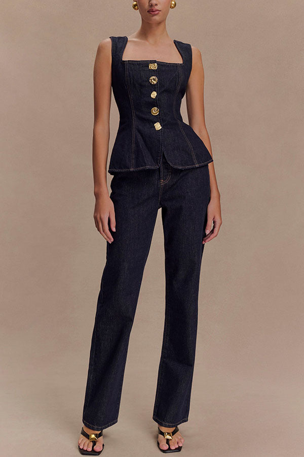 Conjunto Top Denim Peplum y Pantalón