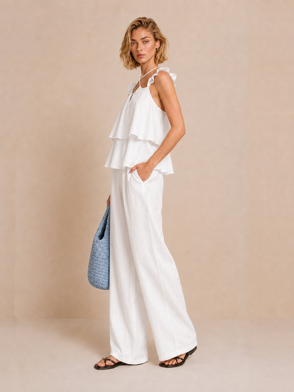 Conjunto Top de Volantes por Capas y Pantalón Wide-Leg