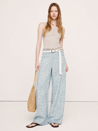 Pantalón Ancho Jacquard Floral con Cinturón
