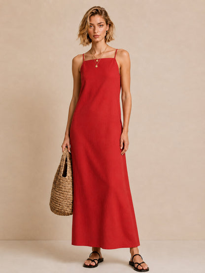 Vestido Maxi Rojo de Lino con Tirantes