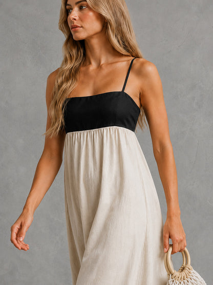 Vestido Maxi Espalda Abierta con Contraste