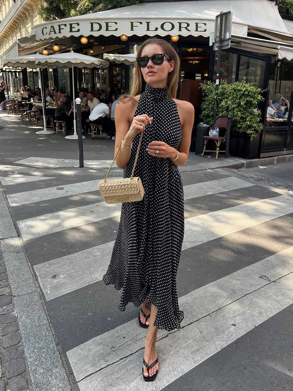Vestido Maxi Halter de Gasa con Lunares