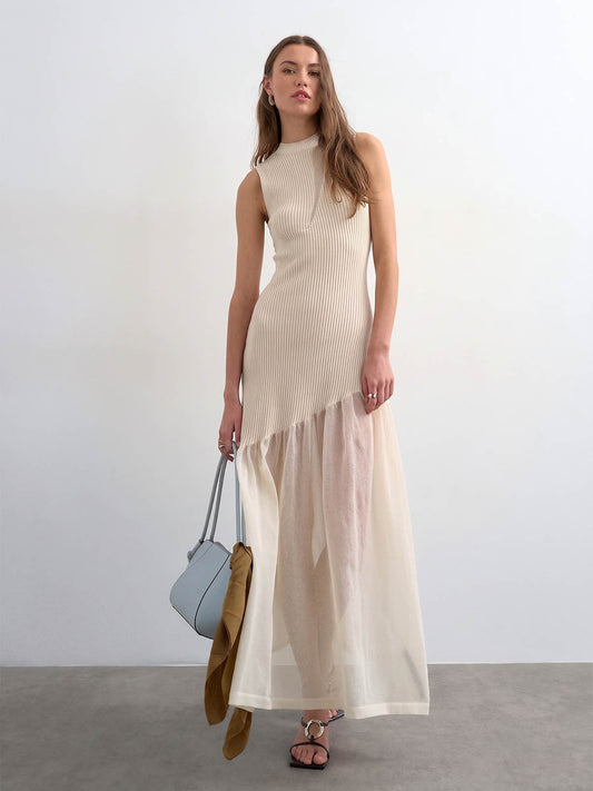 Vestido Maxi de Punto con Panel Transparente