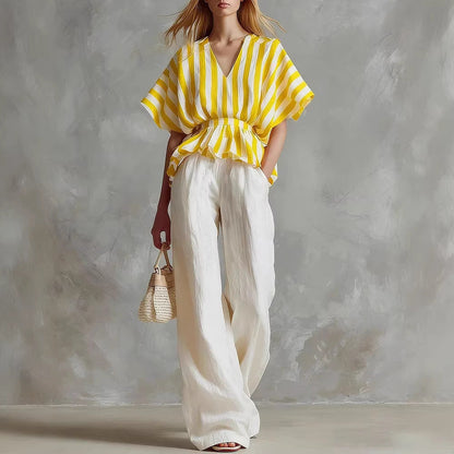 Conjunto Top Peplum a Rayas y Pantalón Wide-Leg